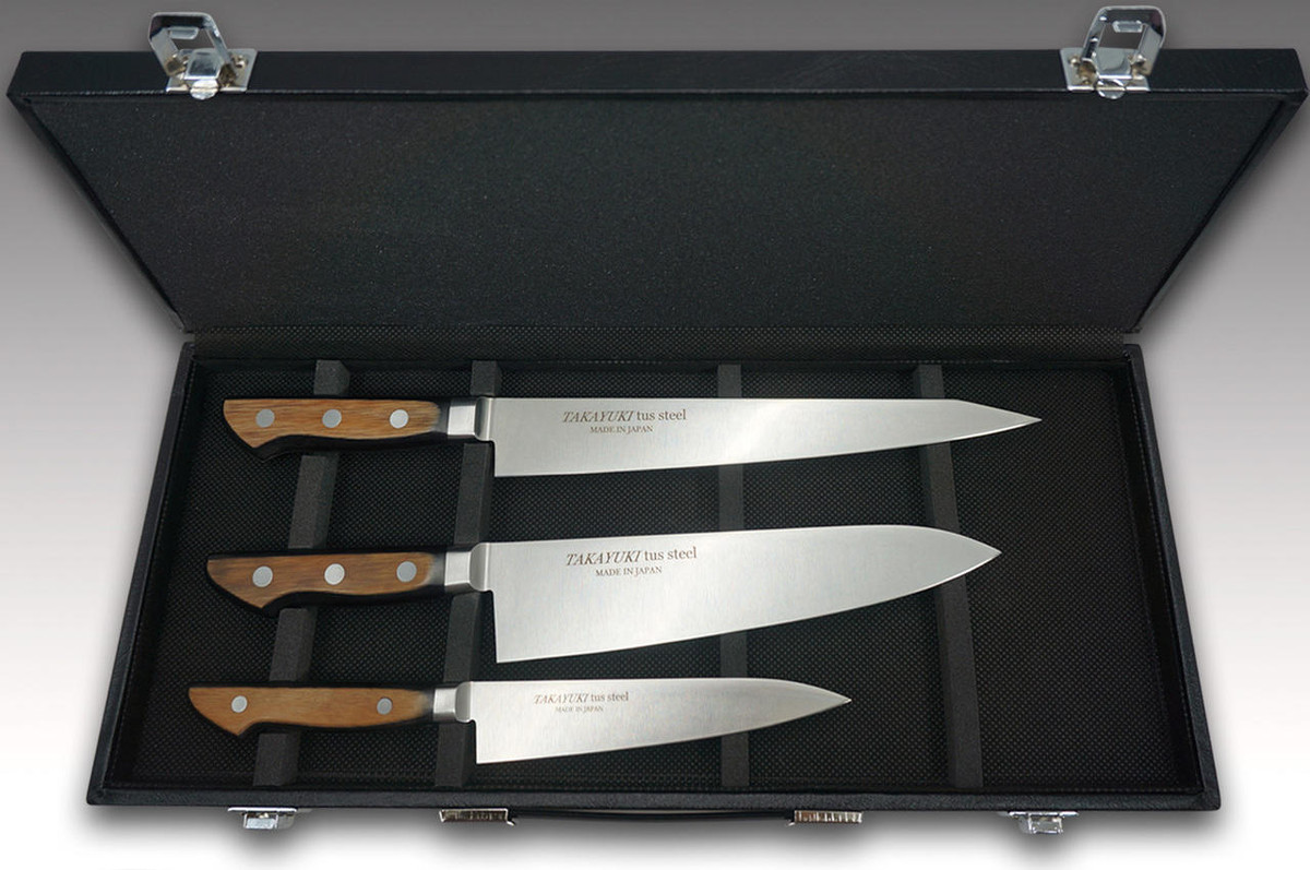 Sakai Takayuki TUS Steel Japanese Chefs Knife SET in Gift Box Petty 150mm - Gyuto 210mm - Slicer 240mm - Attache Case