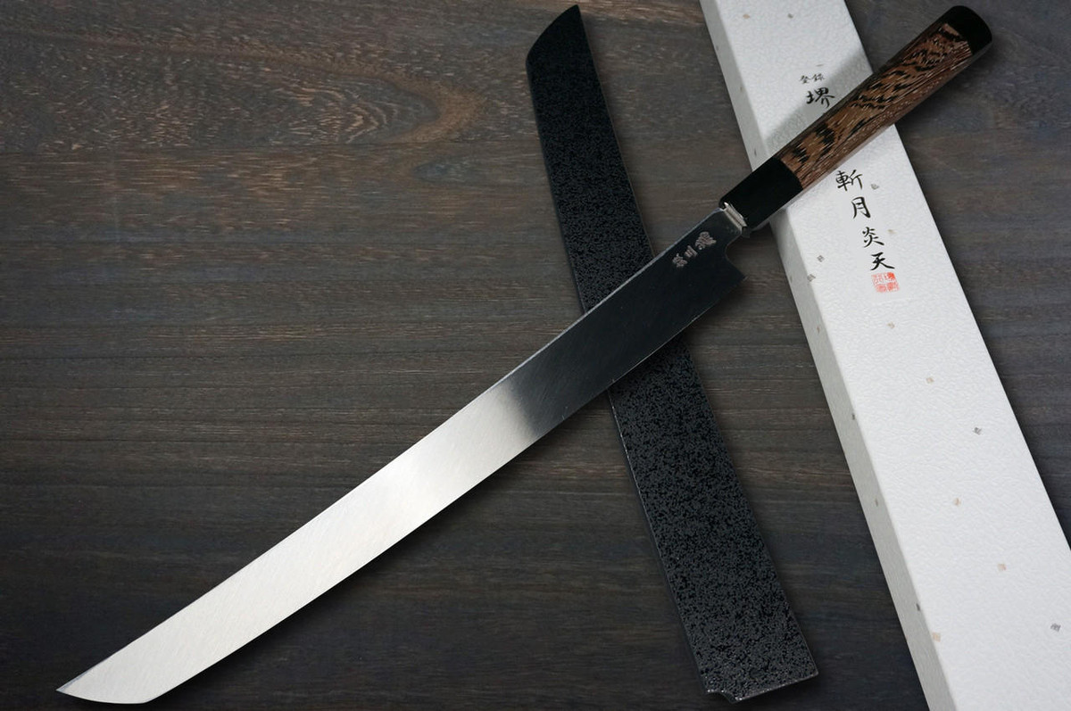 Sakai Takayuki ZANGETSU ENTEN Ginsan Damascus Japanese Chef's Sakimaru-Takohiki(Sashimi) 360mm with Double Water Buffalo Ring Wenge Handle and Saya Sheath 