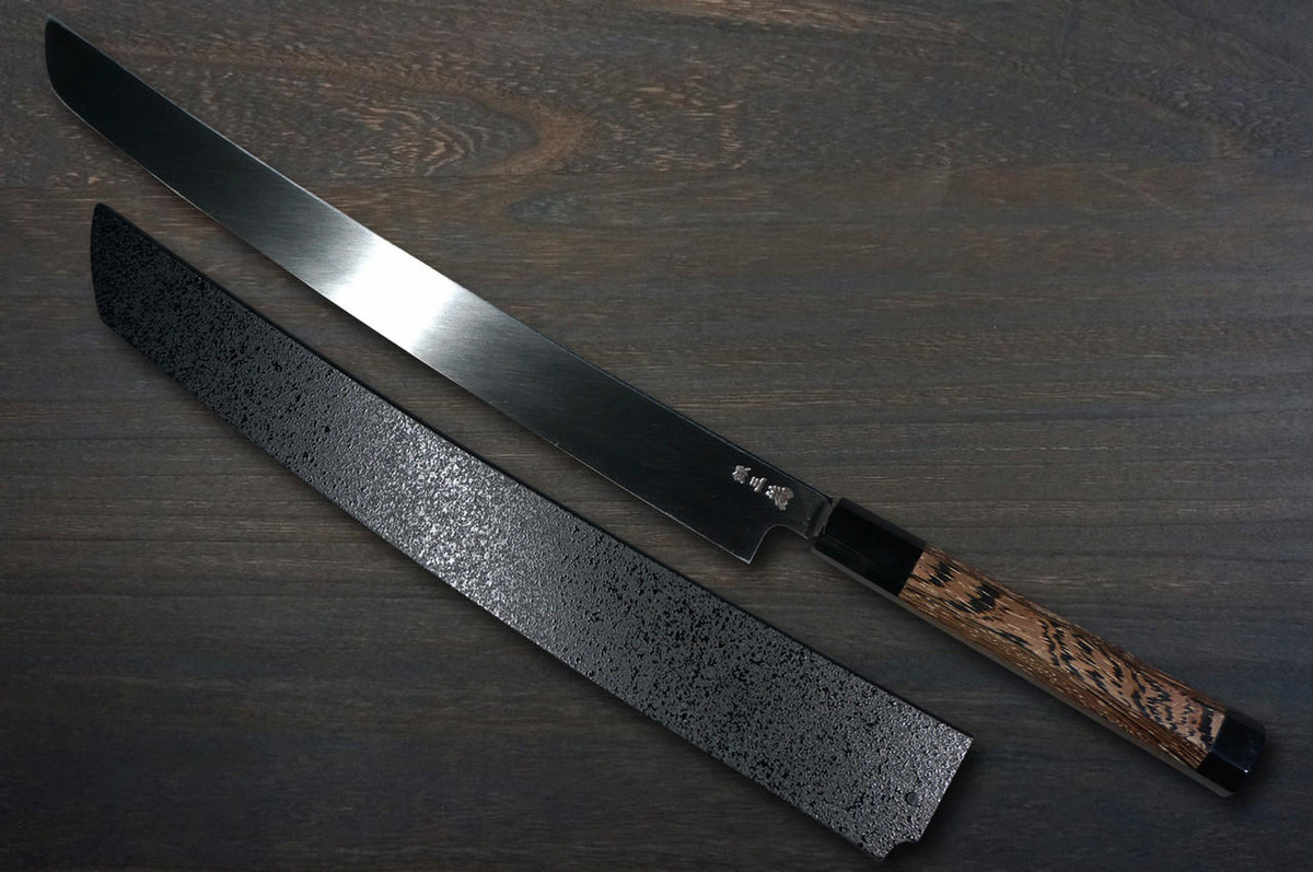 Sakai Takayuki ZANGETSU ENTEN Ginsan Damascus Japanese Chef's Sakimaru-Takohiki(Sashimi) 360mm with Double Water Buffalo Ring Wenge Handle and Saya Sheath 