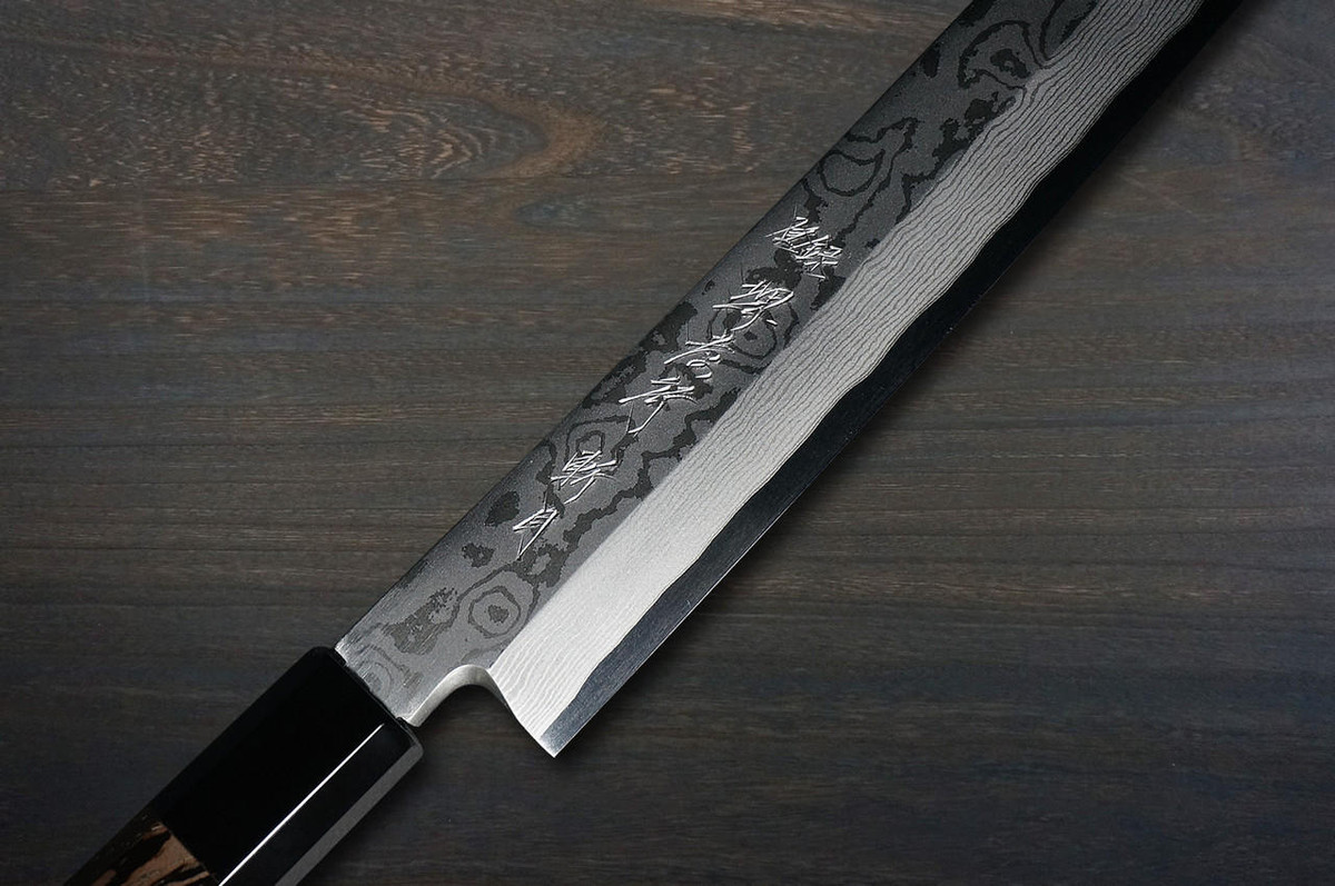 Sakai Takayuki ZANGETSU ENTEN Ginsan Damascus Japanese Chef's Sakimaru-Takohiki(Sashimi) 360mm with Double Water Buffalo Ring Wenge Handle and Saya Sheath 