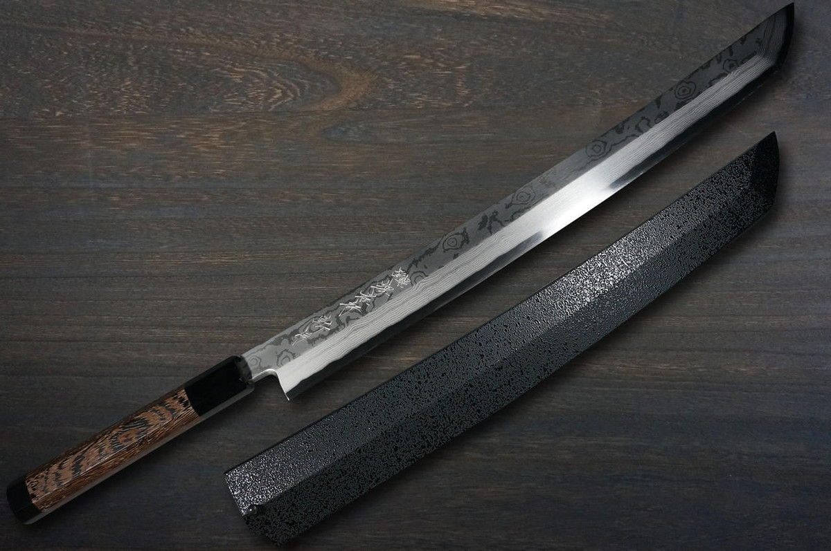 Sakai Takayuki ZANGETSU ENTEN Ginsan Damascus Japanese Chef's Sakimaru-Takohiki(Sashimi) 360mm with Double Water Buffalo Ring Wenge Handle and Saya Sheath 