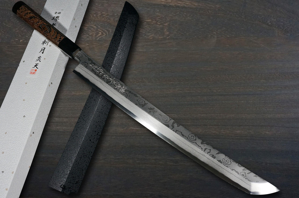 Sakai Takayuki ZANGETSU ENTEN Ginsan Damascus Japanese Chef's Sakimaru-Takohiki(Sashimi) 360mm with Double Water Buffalo Ring Wenge Handle and Saya Sheath 