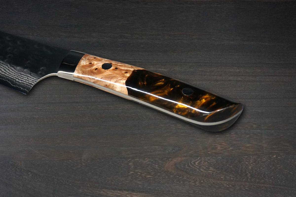 Takeshi Saji SRS13 Mirror Hammered Damascus STW Japanese Chefs Gyuto Knife 210mm Amber Stabilized Hybrid Resin Handle