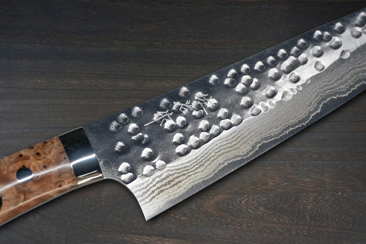 Takeshi Saji SRS13 Mirror Hammered Damascus STW Japanese Chefs Gyuto Knife 210mm Amber Stabilized Hybrid Resin Handle