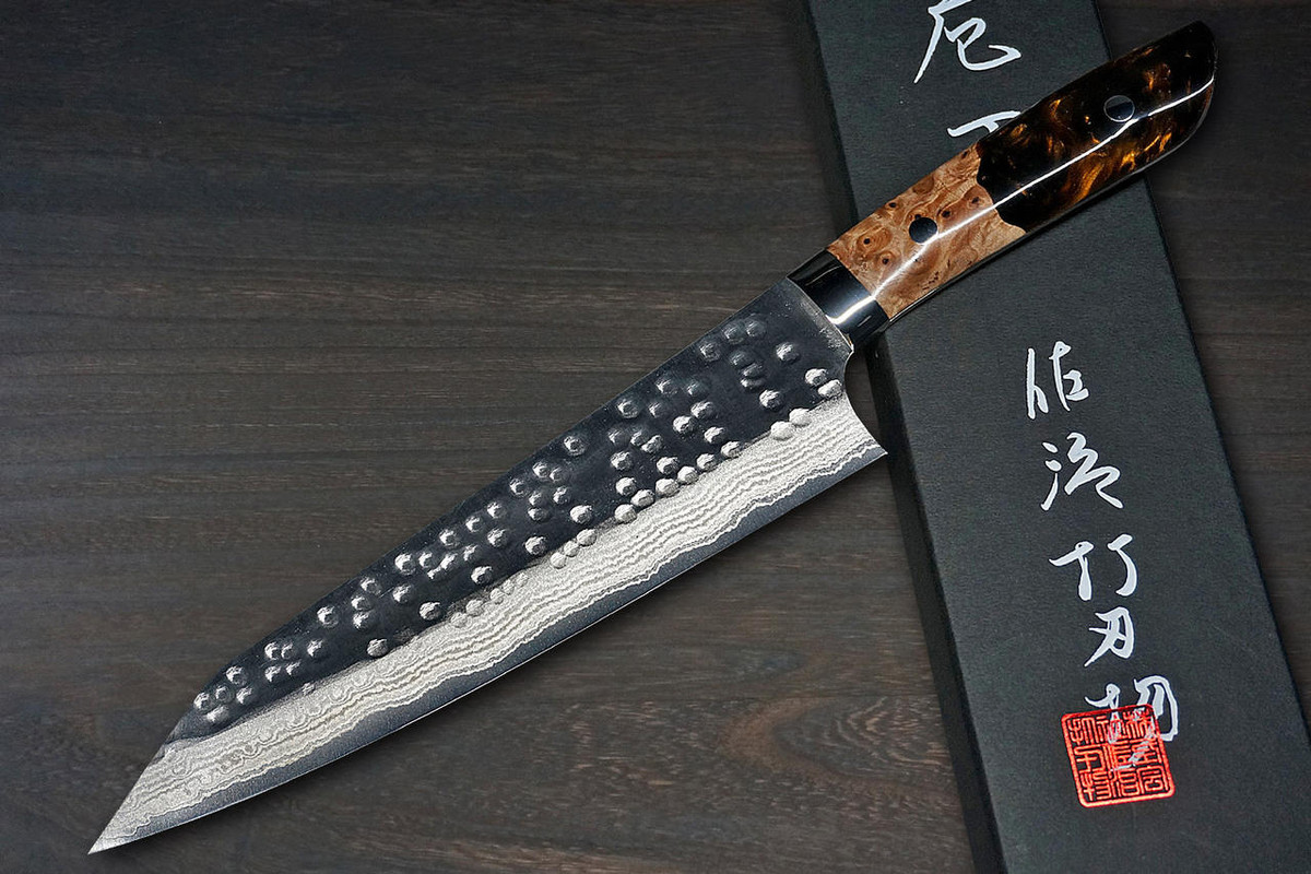 Takeshi Saji SRS13 Mirror Hammered Damascus STW Japanese Chefs Gyuto Knife 210mm Amber Stabilized Hybrid Resin Handle