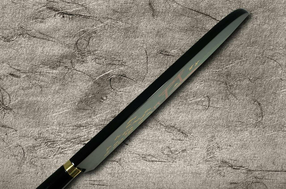 Takeshi Saji Makie-Art Aogami No.2 Colored Damascus Japanese Chefs Gyuto Knife 240mm with Urushi Lacquered Saya and Handle TORII FUJI on LAKE