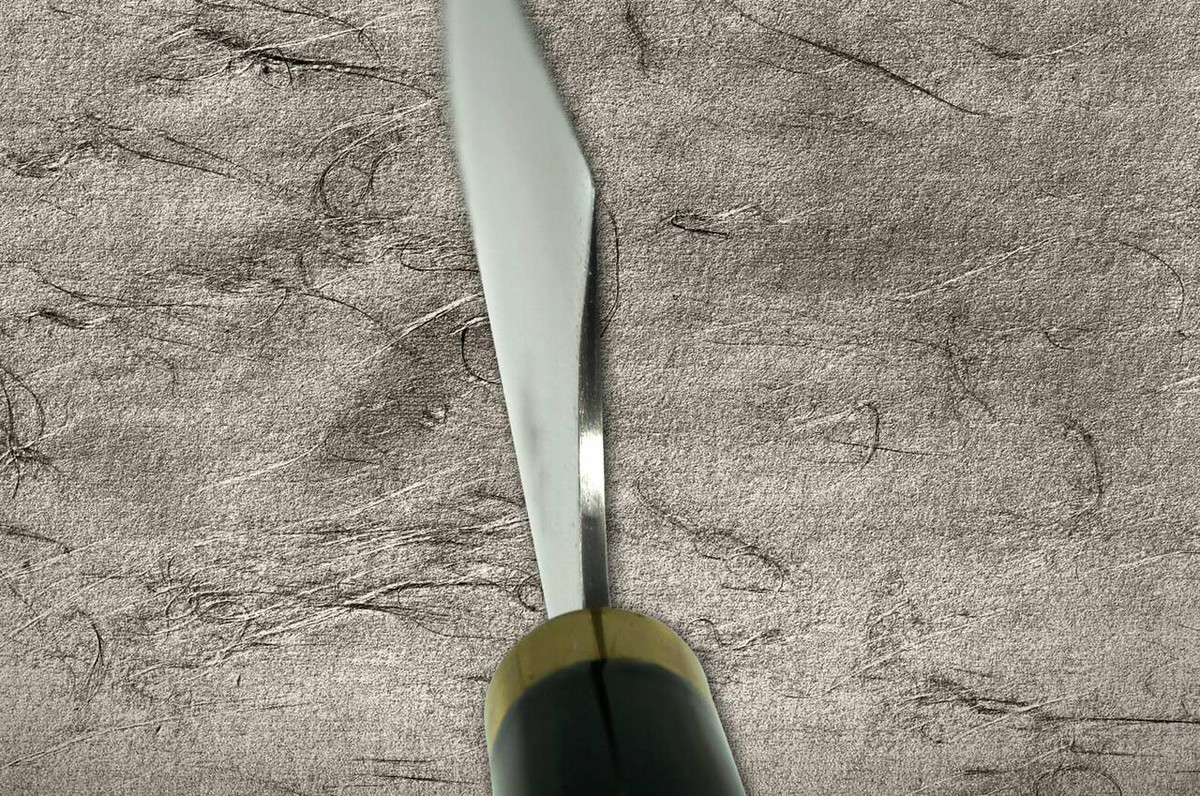 Takeshi Saji Makie-Art Aogami No.2 Colored Damascus Japanese Chefs Gyuto Knife 240mm with Urushi Lacquered Saya and Handle TORII FUJI on LAKE