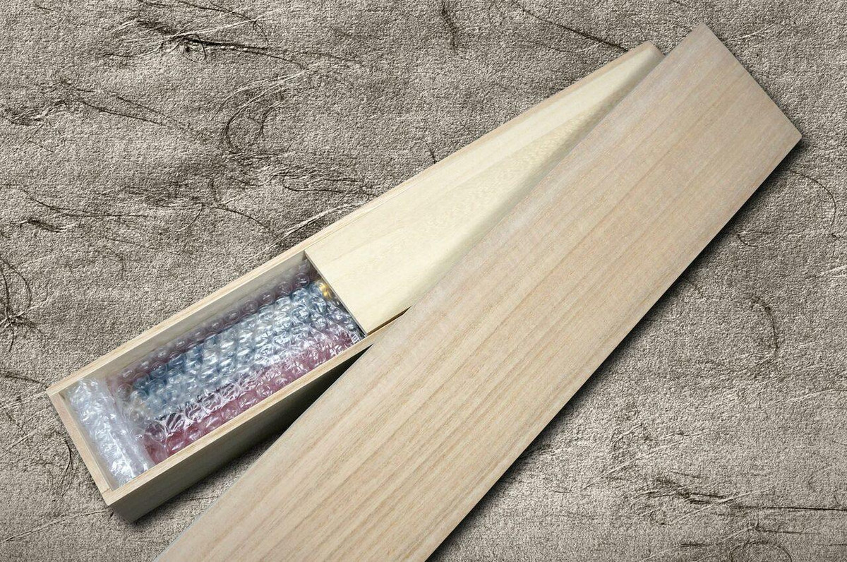 Takeshi Saji Makie-Art Aogami No.2 Colored Damascus Japanese Chefs Gyuto Knife 240mm with Urushi Lacquered Saya and Handle TORII FUJI on LAKE