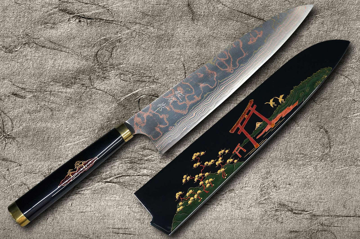 Takeshi Saji Makie-Art Aogami No.2 Colored Damascus Japanese Chef's Gyuto Knife 240mm with Urushi Lacquered Saya and Handle TORII FUJI on LAKE 