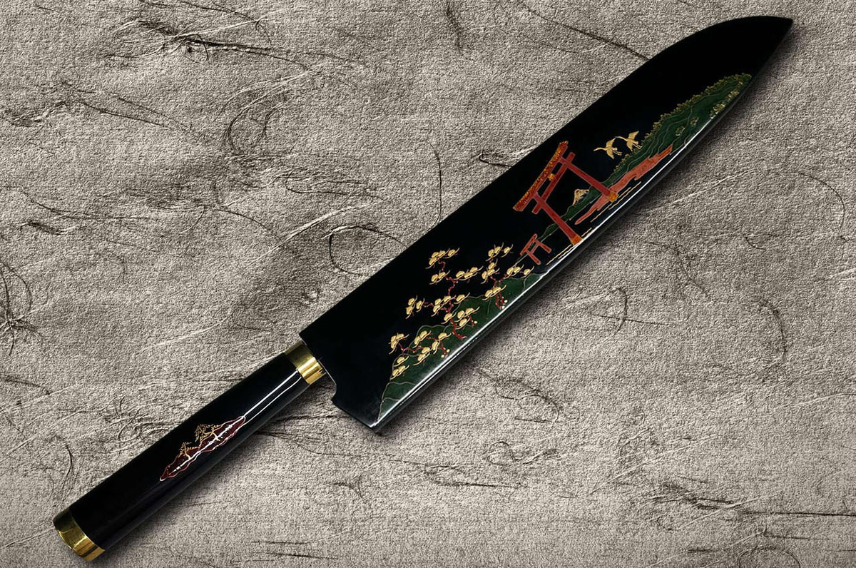 Takeshi Saji Makie-Art Aogami No.2 Colored Damascus Japanese Chef's Gyuto Knife 240mm with Urushi Lacquered Saya and Handle TORII FUJI on LAKE 