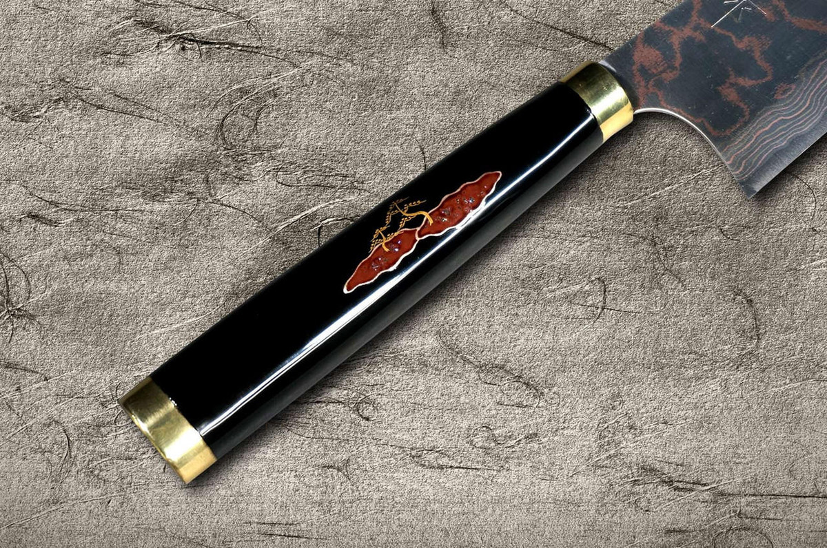 Takeshi Saji Makie-Art Aogami No.2 Colored Damascus Japanese Chef's Gyuto Knife 240mm with Urushi Lacquered Saya and Handle TORII FUJI on LAKE 