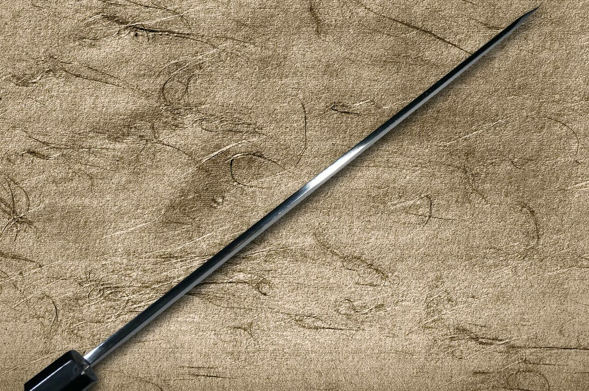 Sakai Takayuki FUGAKU Art Mirrored Honyaki Japanese Chefs Kengata-YanagibaSashimi 300mm Water-Quenched Fuji-on-Wave with Double Water Buffalo Ring Ebony Handle