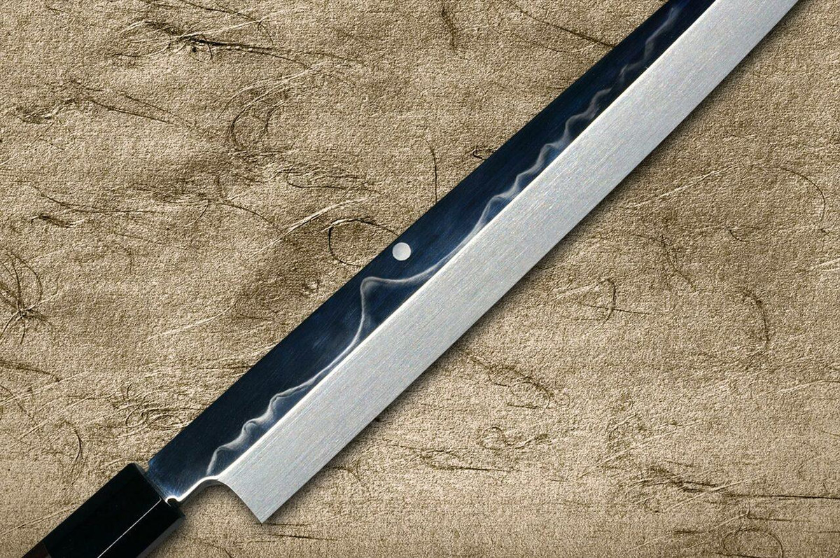 Sakai Takayuki FUGAKU Art Mirrored Honyaki Japanese Chefs Kengata-YanagibaSashimi 300mm Water-Quenched Fuji-on-Wave with Double Water Buffalo Ring Ebony Handle