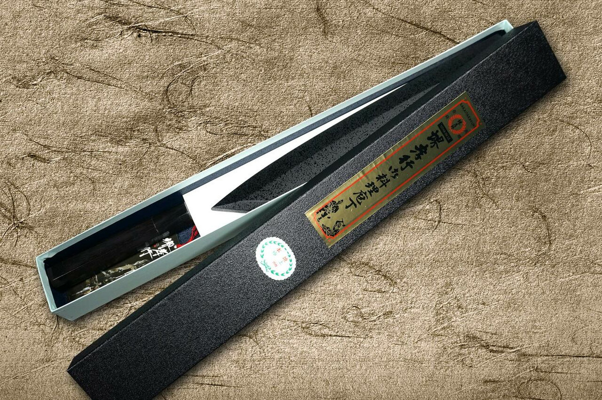 Sakai Takayuki FUGAKU Art Mirrored Honyaki Japanese Chefs Kengata-YanagibaSashimi 300mm Water-Quenched Fuji-on-Wave with Double Water Buffalo Ring Ebony Handle