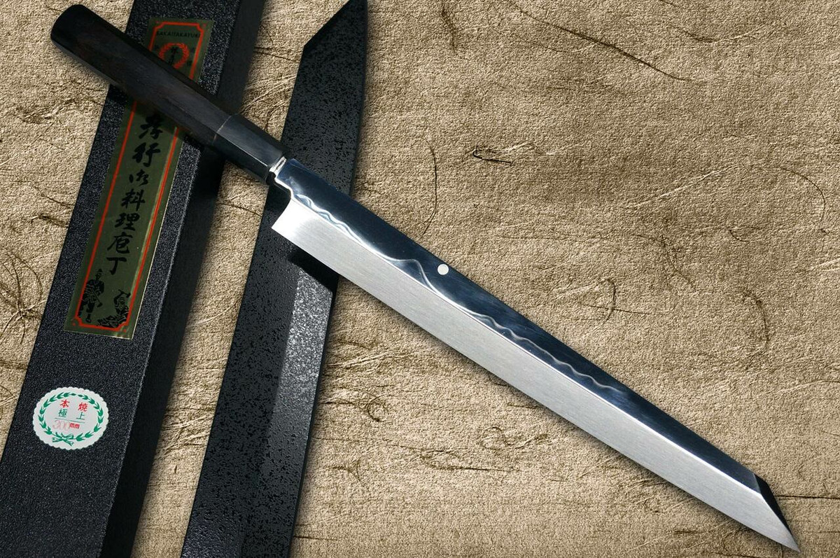 Sakai Takayuki FUGAKU Art Mirrored Honyaki Japanese Chefs Kengata-YanagibaSashimi 300mm Water-Quenched Fuji-on-Wave with Double Water Buffalo Ring Ebony Handle