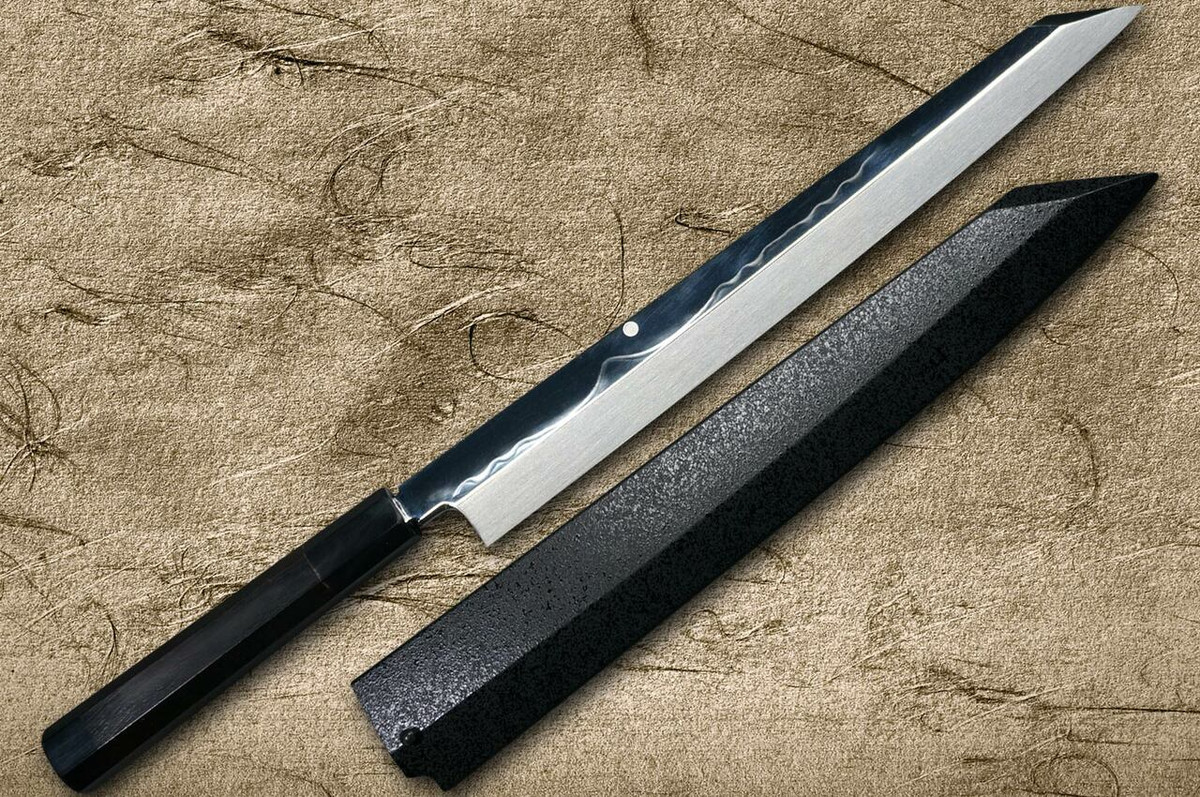 Sakai Takayuki FUGAKU Art Mirrored Honyaki Japanese Chefs Kengata-YanagibaSashimi 300mm Water-Quenched Fuji-on-Wave with Double Water Buffalo Ring Ebony Handle