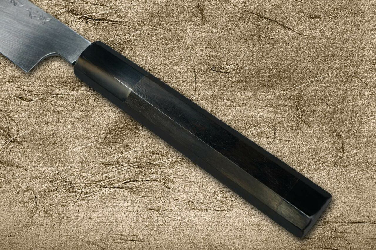 Sakai Takayuki FUGAKU Art Mirrored Honyaki Japanese Chefs Kengata-YanagibaSashimi 300mm Water-Quenched Fuji-on-Wave with Double Water Buffalo Ring Ebony Handle