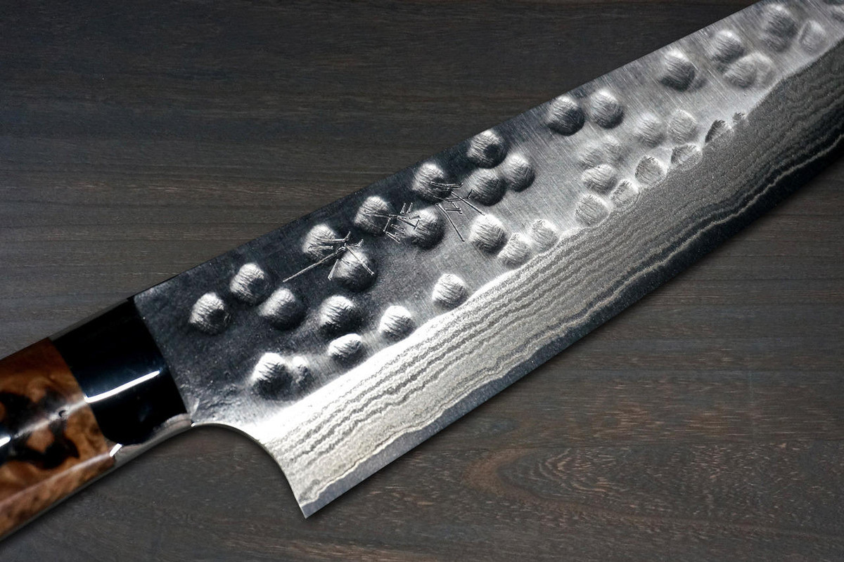 Takeshi Saji SRS13 Mirror Hammered Damascus STW Japanese Chefs Petty KnifeUtility 150mm Amber Stabilized Hybrid Resin Handle