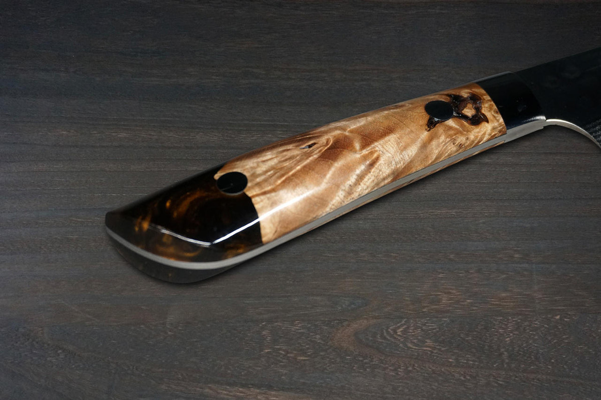 Takeshi Saji SRS13 Mirror Hammered Damascus STW Japanese Chefs Petty KnifeUtility 150mm Amber Stabilized Hybrid Resin Handle