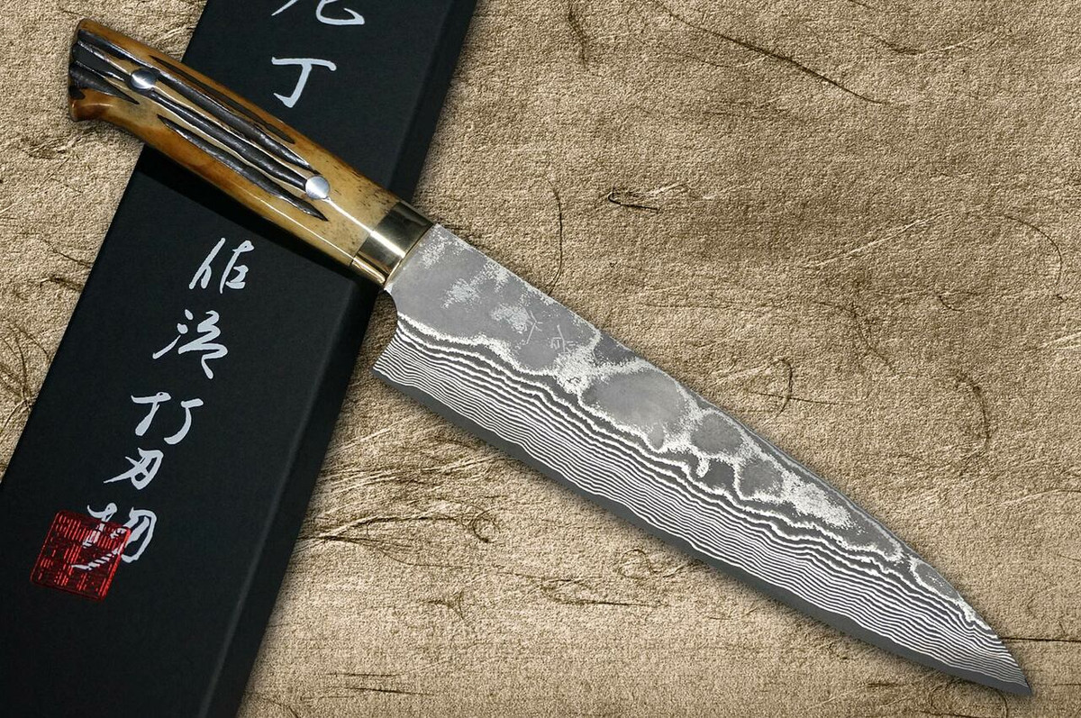 Takeshi Saji VG10 Black Damascus DHM Japanese Chefs Gyuto Knife 180mm with Brown Antler Handle