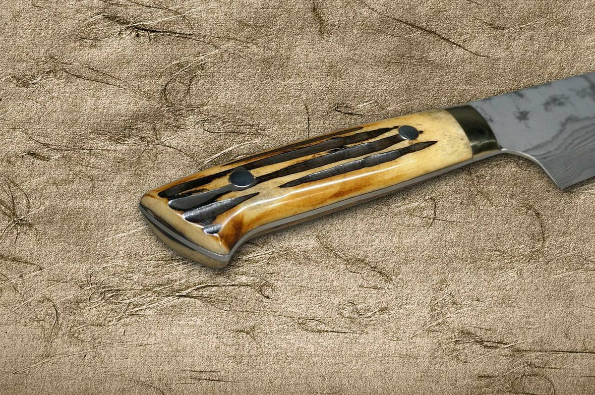 Takeshi Saji VG10 Black Damascus DHM Japanese Chefs Gyuto Knife 180mm with Brown Antler Handle