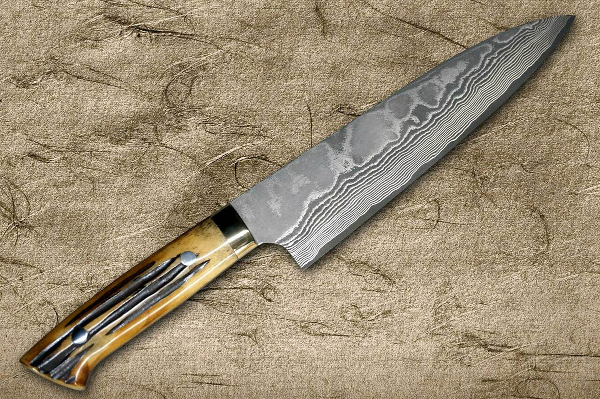 Takeshi Saji VG10 Black Damascus DHM Japanese Chefs Gyuto Knife 180mm with Brown Antler Handle