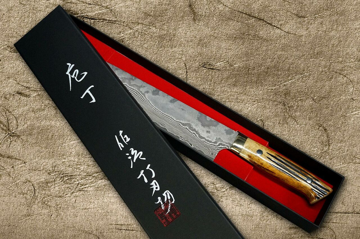 Takeshi Saji VG10 Black Damascus DHM Japanese Chefs Gyuto Knife 180mm with Brown Antler Handle