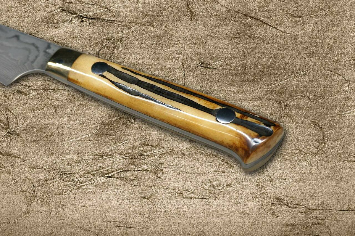 Takeshi Saji VG10 Black Damascus DHM Japanese Chefs Petty KnifeUtility 90mm with Brown Antler Handle