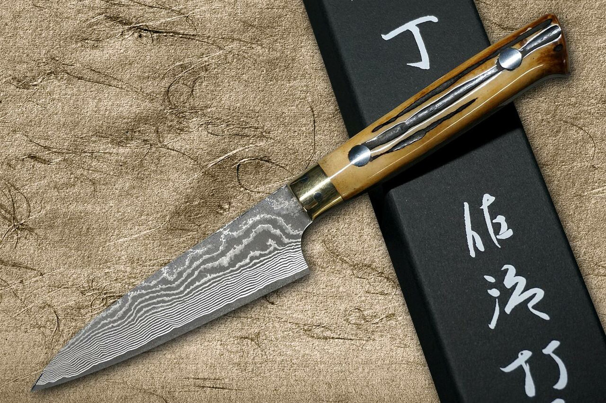 Takeshi Saji VG10 Black Damascus DHM Japanese Chefs Petty KnifeUtility 90mm with Brown Antler Handle