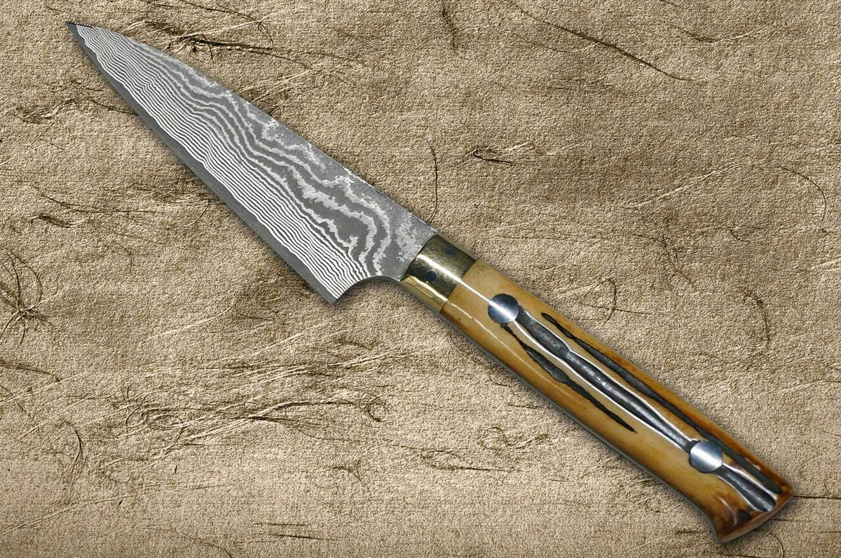 Takeshi Saji VG10 Black Damascus DHM Japanese Chefs Petty KnifeUtility 90mm with Brown Antler Handle