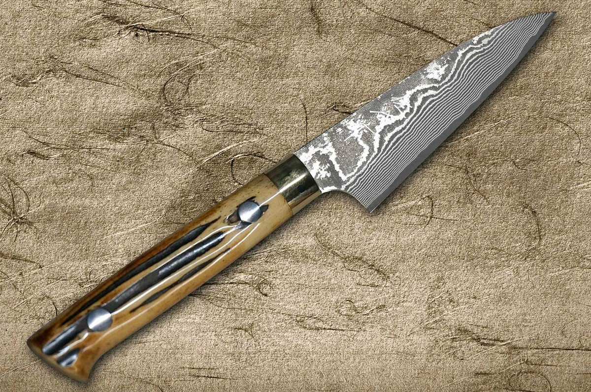 Takeshi Saji VG10 Black Damascus DHM Japanese Chefs Petty KnifeUtility 90mm with Brown Antler Handle