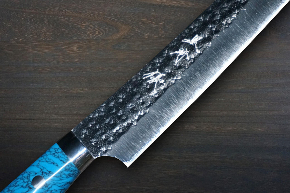 Yu Kurosaki R2SG2 Hammered SENKO-EI Custom TCA Japanese Chefs SlicerSujihiki 240mm with Blue Turquoise Handle