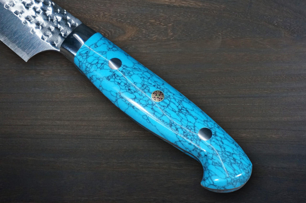 Yu Kurosaki R2SG2 Hammered SENKO-EI Custom TCA Japanese Chefs SlicerSujihiki 240mm with Blue Turquoise Handle