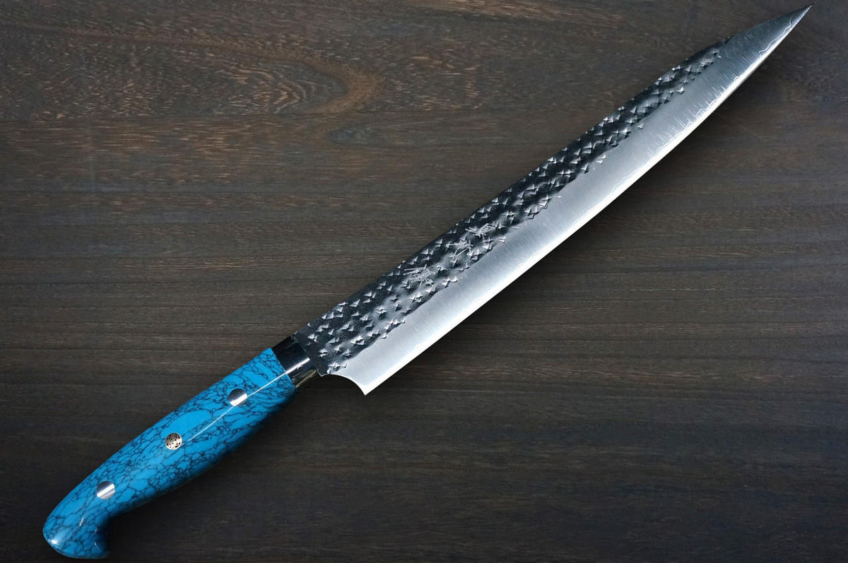 Yu Kurosaki R2SG2 Hammered SENKO-EI Custom TCA Japanese Chefs SlicerSujihiki 240mm with Blue Turquoise Handle