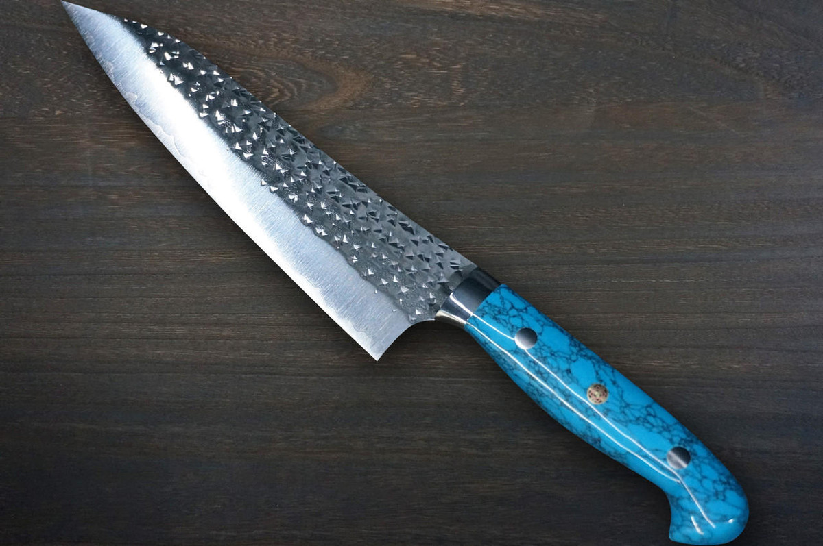 Yu Kurosaki R2SG2 Hammered SENKO-EI Custom TCA Japanese Chefs Gyuto Knife 180mm with Blue Turquoise Handle