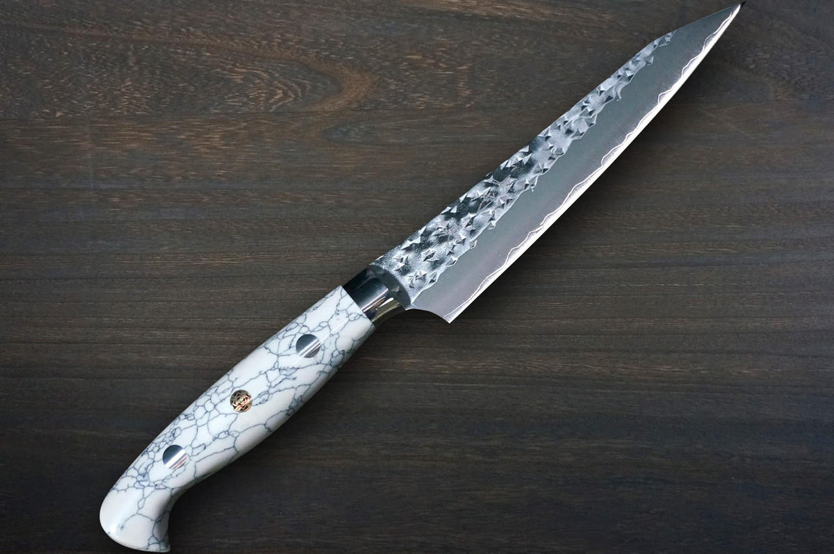 Yu Kurosaki R2SG2 Hammered SENKO-EI Custom TCW Japanese Chefs Petty KnifeUtility 130mm with White Turquoise Handle