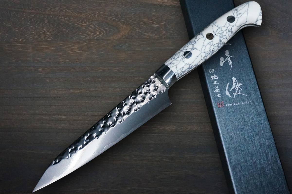 Yu Kurosaki R2SG2 Hammered SENKO-EI Custom TCW Japanese Chefs Petty KnifeUtility 130mm with White Turquoise Handle
