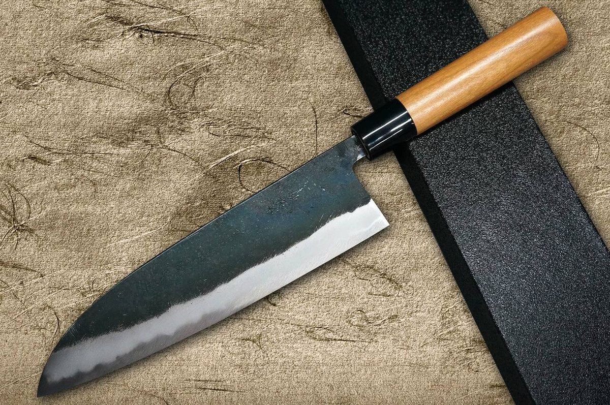 Daisuke Nishida Shirogami No.1 Kurouchi CHR Japanese Chefs Gyuto Knife 225mm with Cherry Round Handle