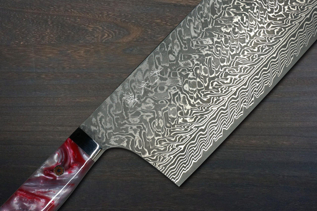 Yoshimi Kato R2 Black Damascus RERC Japanese Chefs Chinese Cooking Knife 180mm with Red-Resin Custom Handle