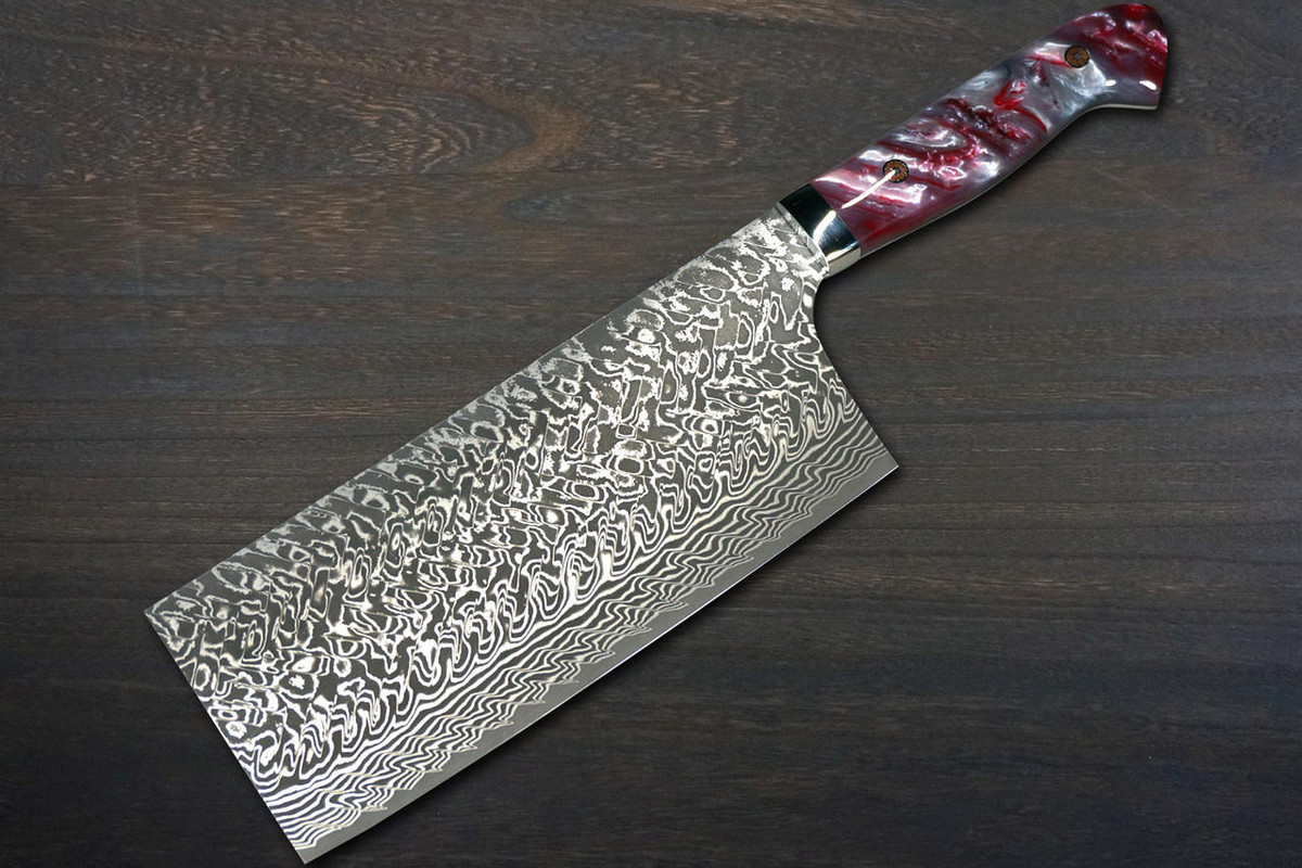 Yoshimi Kato R2 Black Damascus RERC Japanese Chefs Chinese Cooking Knife 180mm with Red-Resin Custom Handle