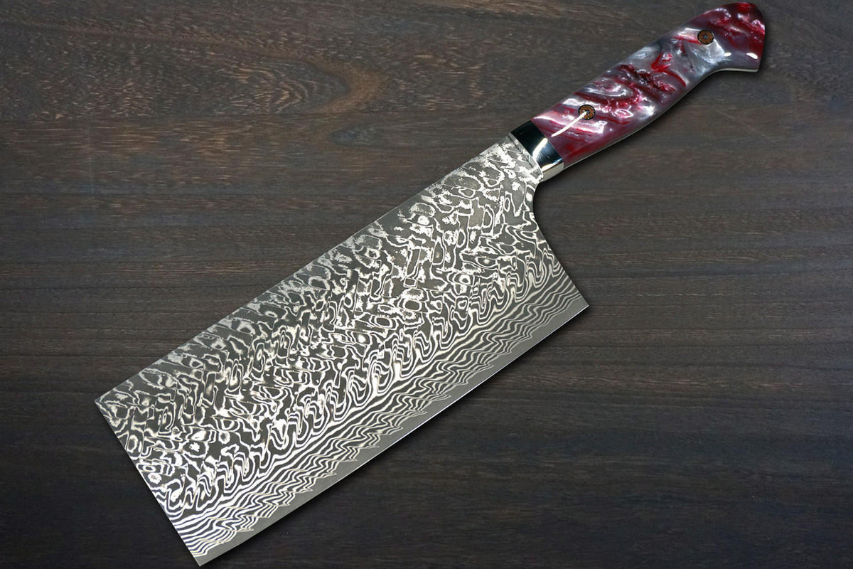 Yoshimi Kato R2 Black Damascus RERC Japanese Chefs Chinese Cooking Knife 180mm with Red-Resin Custom Handle