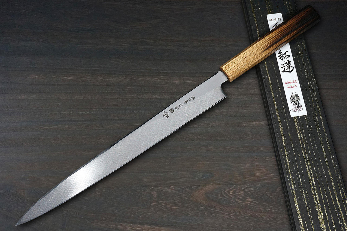 Sakai Takayuki Homura Guren Aogami 2 steel Japanese Chefs YanagibaSashimi 300mm with Urushi Lacquered Oak Handle