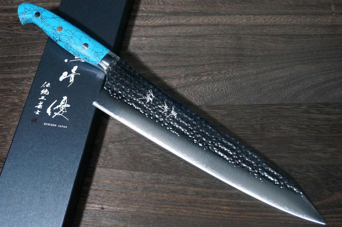 Yu Kurosaki R2SG2 Hammered SENKO-EI Custom TCA Japanese Chefs Gyuto Knife 270mm with Blue Turquoise Handle