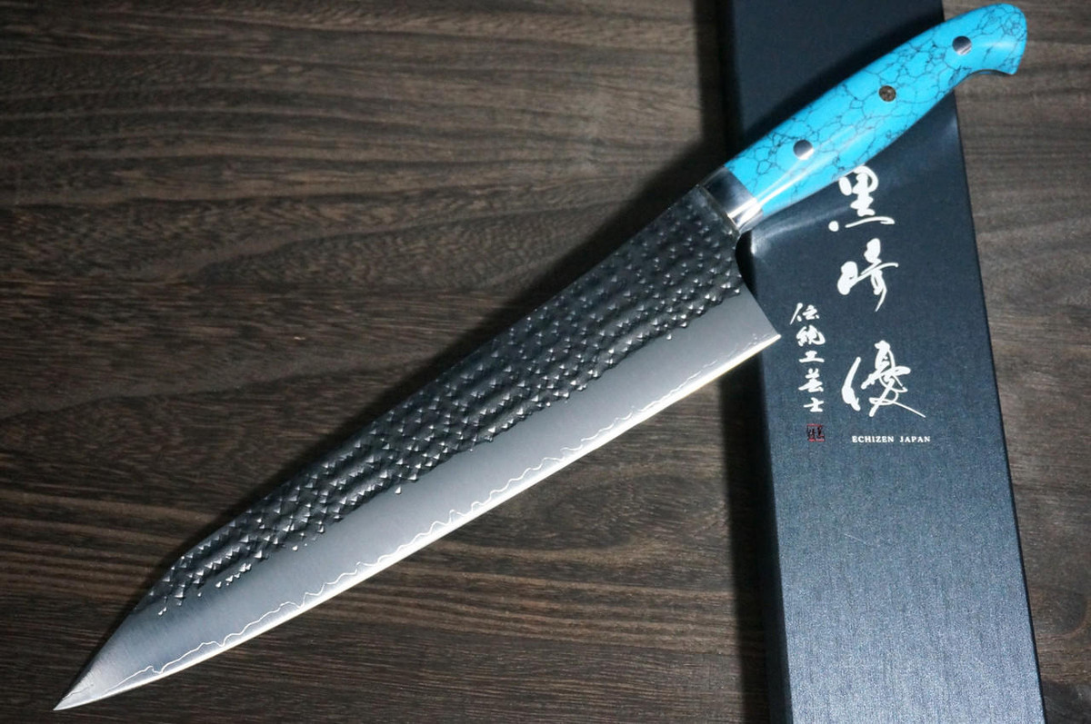 Yu Kurosaki R2SG2 Hammered SENKO-EI Custom TCA Japanese Chefs Gyuto Knife 270mm with Blue Turquoise Handle