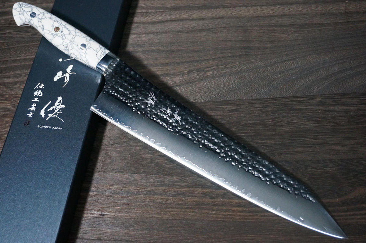 Yu Kurosaki R2SG2 Hammered SENKO-EI Custom TCW Japanese Chefs Gyuto Knife 270mm with White Turquoise Handle