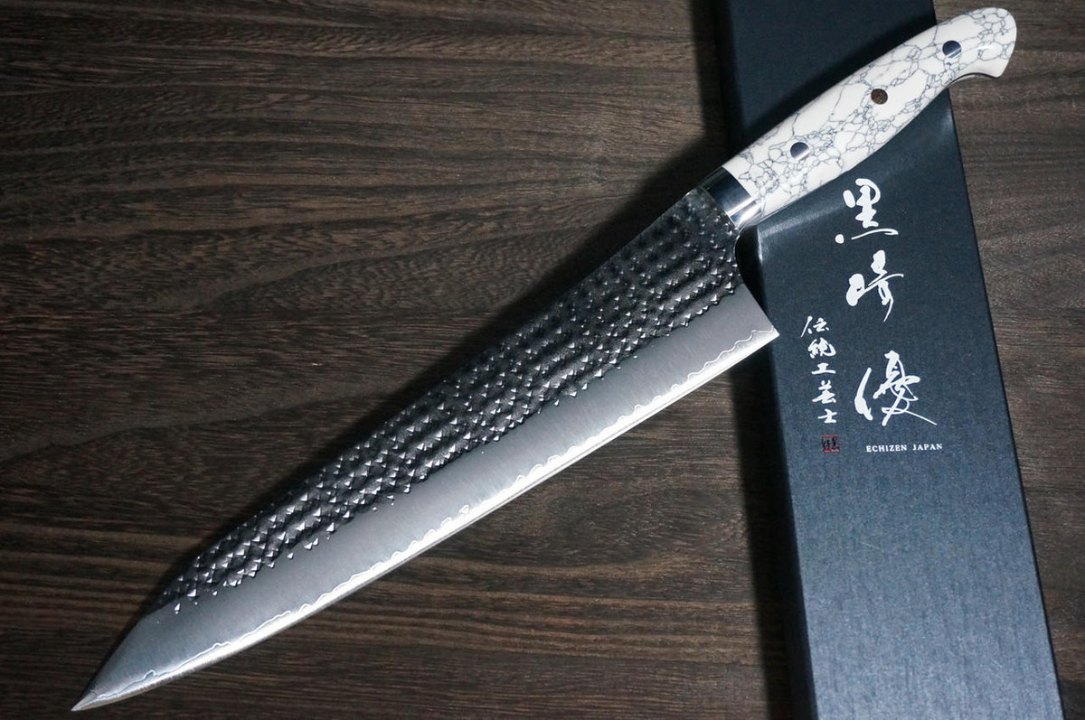 Yu Kurosaki R2SG2 Hammered SENKO-EI Custom TCW Japanese Chefs Gyuto Knife 240mm with White Turquoise Handle