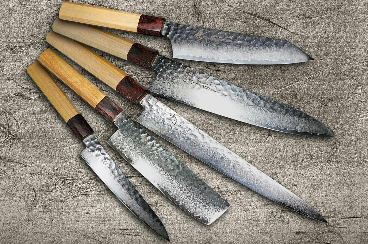 Sakai Takayuki 33-Layer VG10 Damascus Hammered WA Japanese Chefs Knife SET Gyuto210-Slicer-Nakiri-Petty150-Kengata Santoku