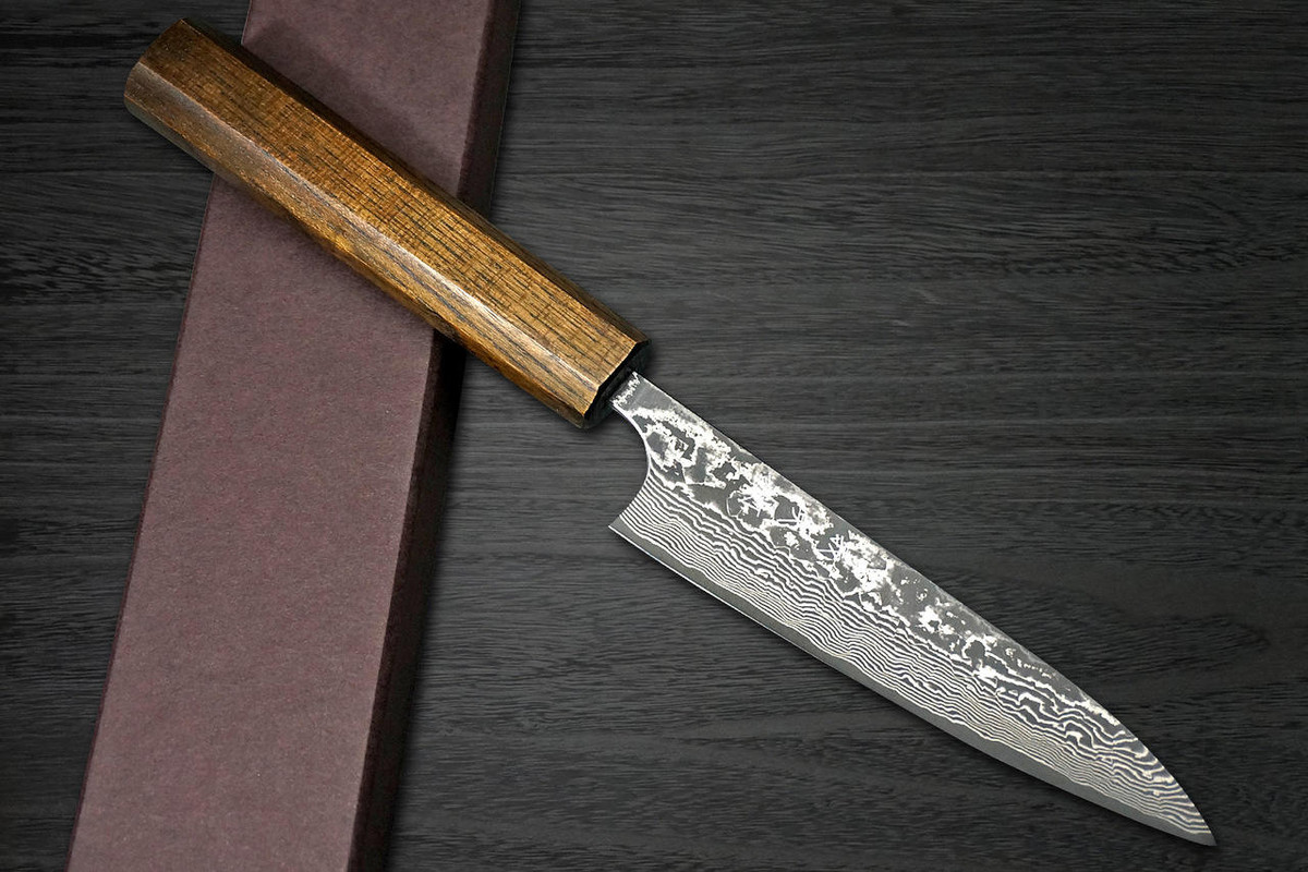 Yoshimi Kato 63 Layer VG10 Black Damascus EJ8B Japanese Chefs Petty KnifeUtility 150mm with Black Urushi Lacquered Enju Handle