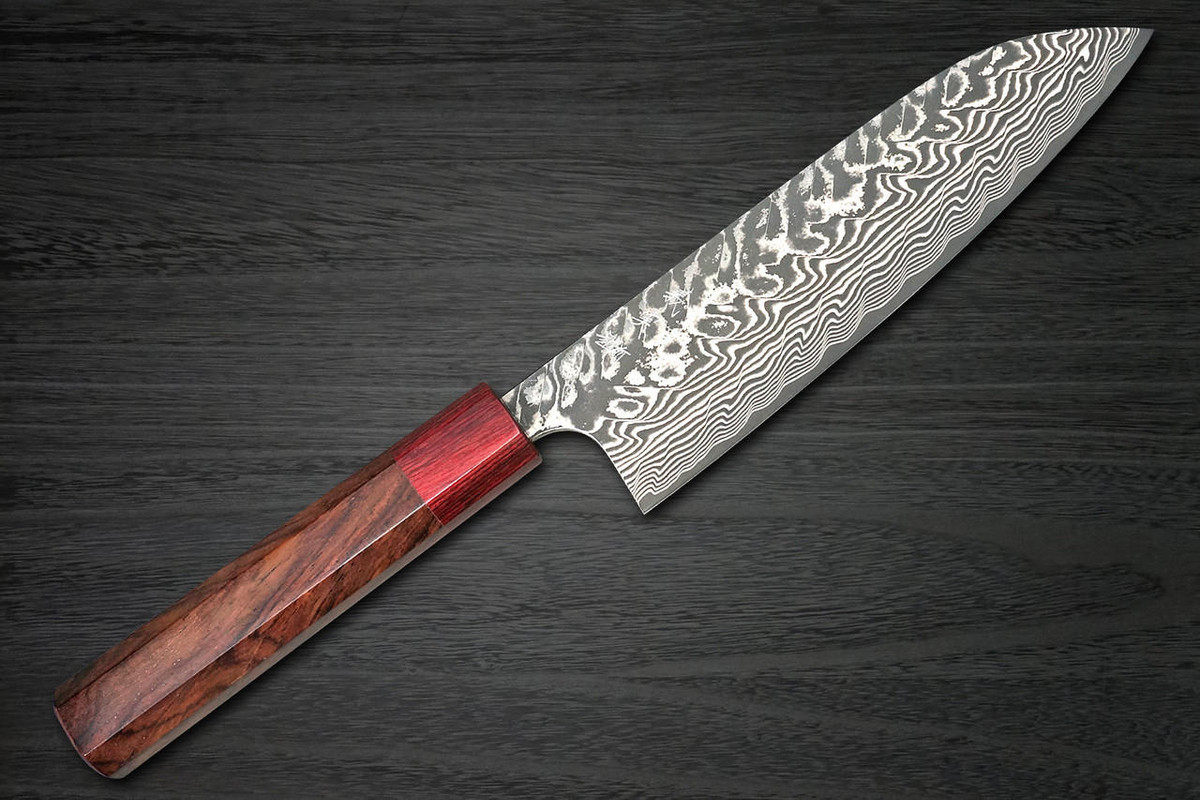 Yoshimi Kato R2 Black Damascus RS8R Japanese Chef's Santoku Knife 170mm with Red-Ring Octagonal Honduran Rosewood Handle 