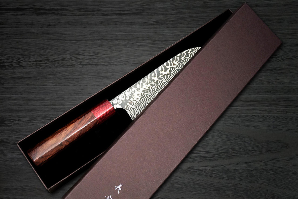 Yoshimi Kato R2 Black Damascus RS8R Japanese Chef's Santoku Knife 170mm with Red-Ring Octagonal Honduran Rosewood Handle 